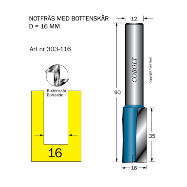Cobolt 303-116 Notfræser D=16 L=35 TL=90 S=12