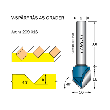 Cobolt 209-016 V-sporfræser 45° Ø=16 L=8 TL=53 S=8