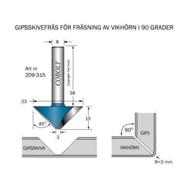 Cobolt 209-315 Gipspladefræser 45° D=33 L=15 TL=53 S=8