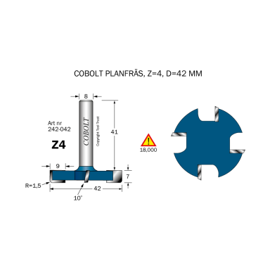 Cobolt 242-042 Planfræser D=42 Z=4 R=1,5 L=7