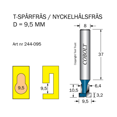 Cobolt 244-095 T-Sporfræser D=9,5/6,4 L=10,5 TL=52 S=8