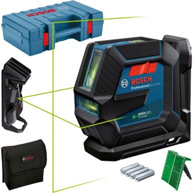 Bosch GLL 2-15 G LB10 DK 10 Linjalaser vihreät laserlinjat, sis. 4 x paristoa (AA), yleispidikkeen (LB 10) ja sisäkattokiinnikkeen (DK 10)