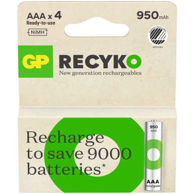 GP Batteries Recyko 201242 Batteri oppladbar, AAA, 950 mAh, 4‑pakning