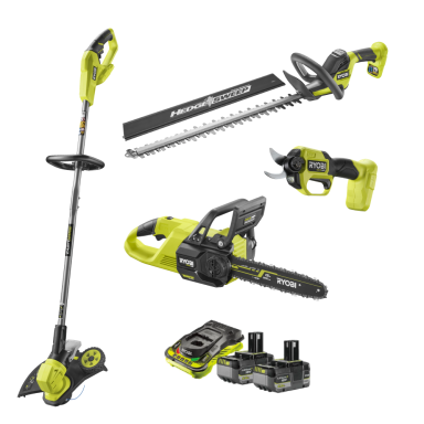 Ryobi RY18HT55A+RY18LT33A+RY18SCXA+RY18CSX30A+RC18150 Trädgårdspaket