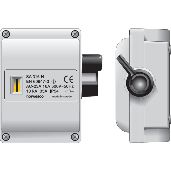 Turvakytkin Norwesco SA 316H muovikotelossa 16 A, 3 napaa, 500 V, 1 apukosketin