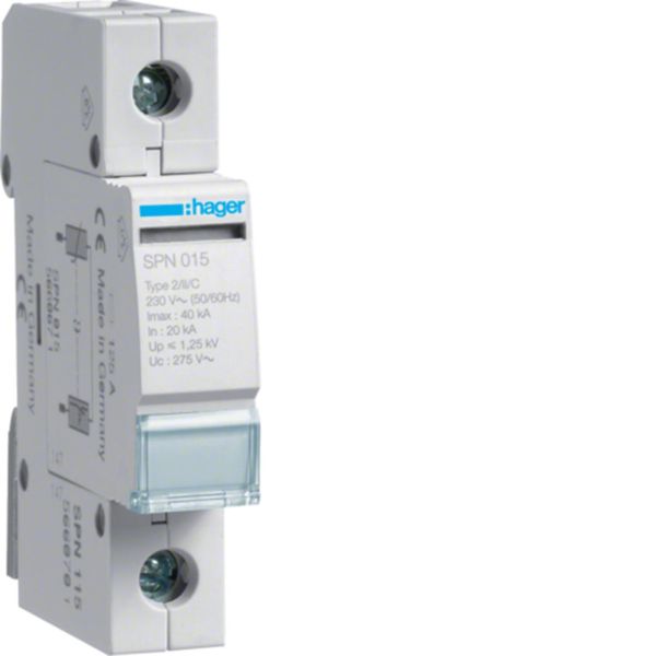 Ylijännitesuoja Hager SPN115 rajoittaa jäännösjännitteen arvoon =1,5 kV Ilman etäyhteyttä, 230 V