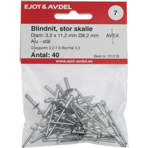 Blindnitte Ejot 101308 AVEX, stort kranium 3,2 x 7,9 mm, pakke med 40