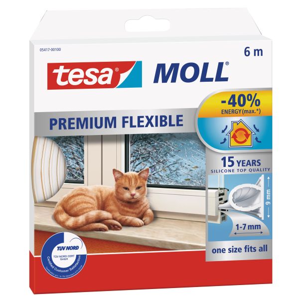 Tætningsliste Tesa Tesamoll Premium Flexible i silikone, 6m, 9 mm x 7 mm 