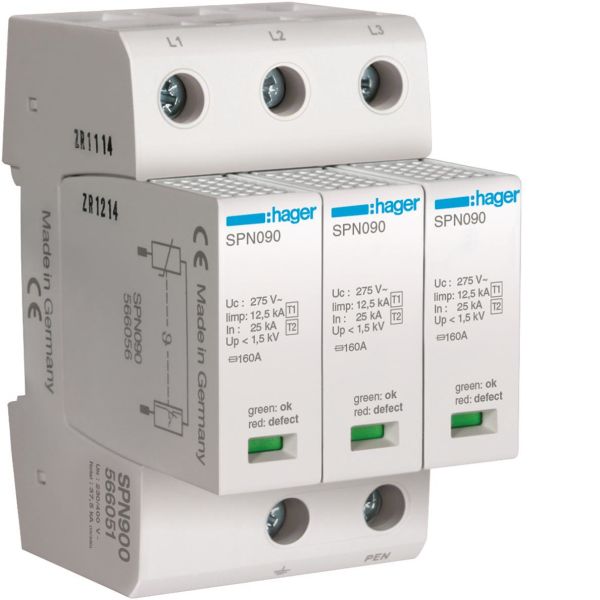 Overspenningsvern Hager SPN900 grovbeskyttelse, maks 1,5 kV 3 modulavstand, 3-polet