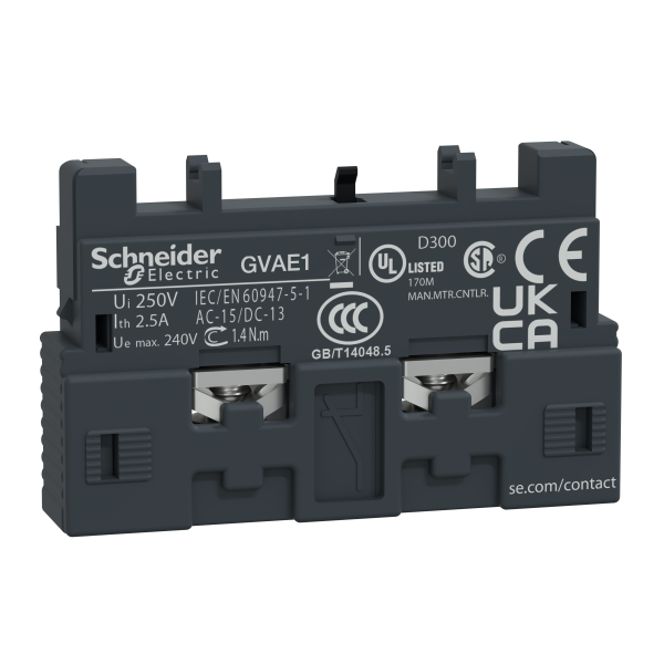 Hjälpkontaktblock Schneider Electric GVAE1 TeSys GV2 & GV3 1 slutande eller 1 brytande, vändbar, frontmonteras