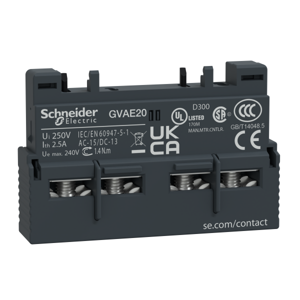 Apukosketinlohko Schneider Electric GVAE20 TeSys GV2 ja GV3 2 sulkevaa, sivulle asennus vasen