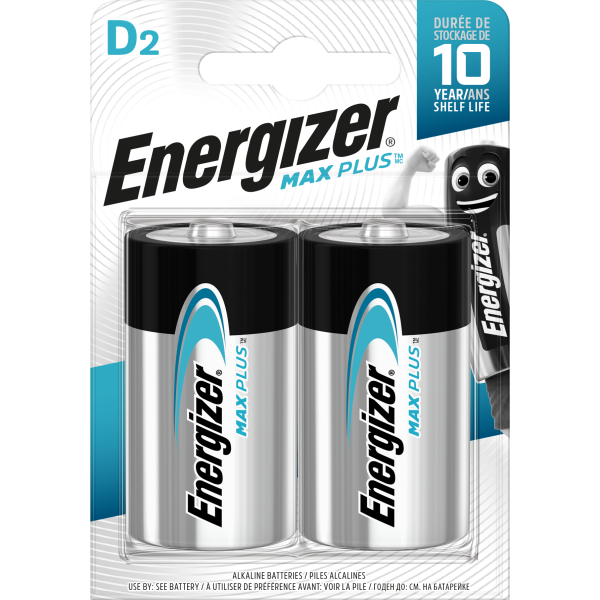 Batteri Energizer Max Plus alkaliskt, D, 1,5 V, 2-pack 
