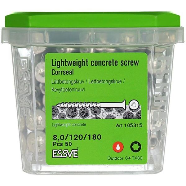 Kevytbetoniruuvi ESSVE CorrSeal TX30  8,0x180mm 50 kpl