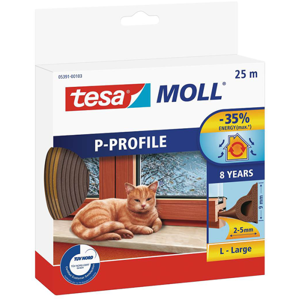 Tætningsliste Tesa P-list 05391-00101-00 EPDM, 25 m, 9 mm x 5,5 mm Brun