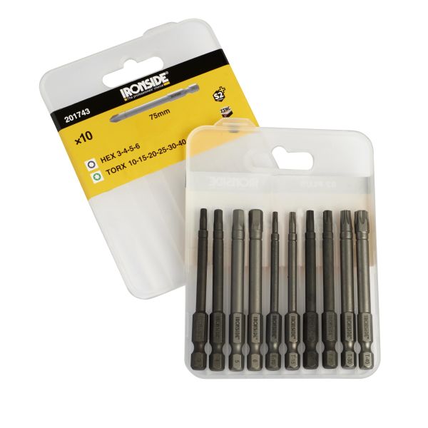 Bitssæt Ironside 201743 10 dele, torx/hex 75 mm