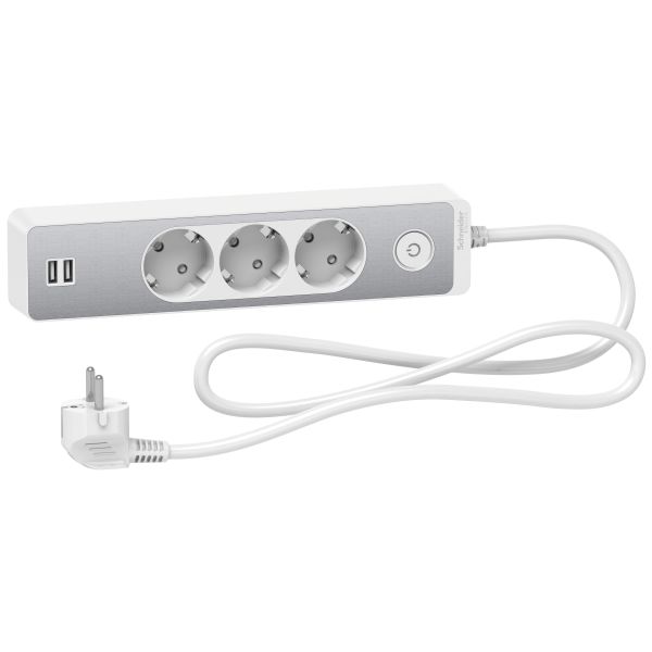 Haaroitusjatkojohto Schneider Electric Unica Extend maadoitettu, 2xUSB, valk/alu, 1.5 m 3-osainen