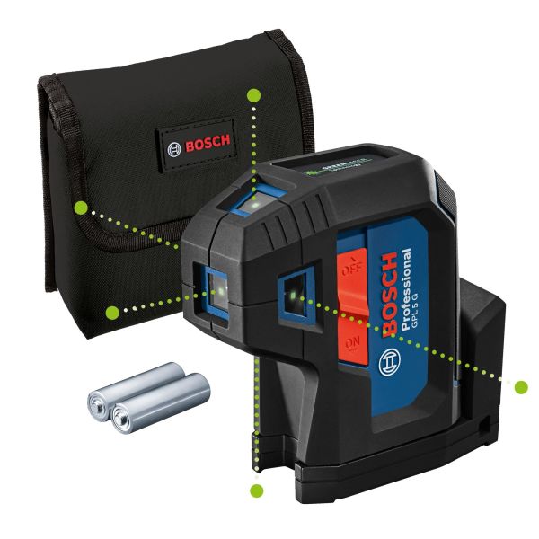 Punktlaser Bosch GPL 5 G grön, med batterier och väska 