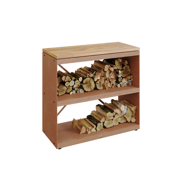 Förvaringshylla OFYR Wood Storage Dressoir cortenstål, toppskiva i gummiträ 