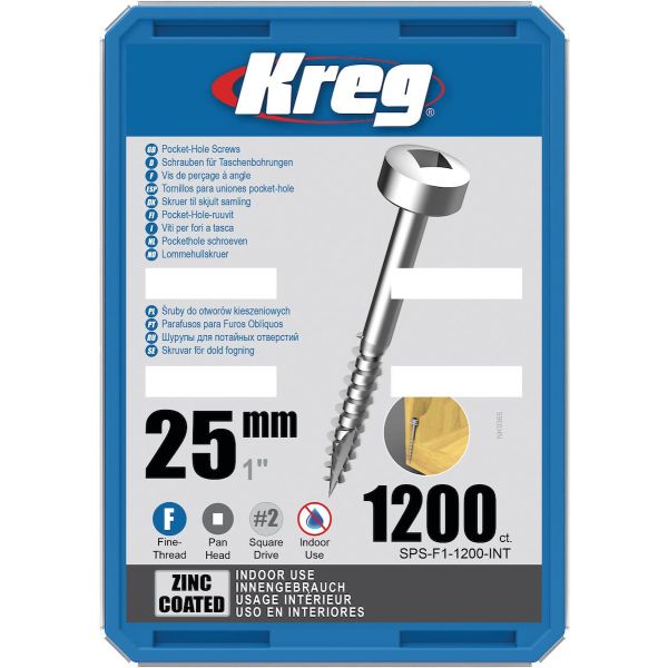 Skrue Kreg SPS-F1-1200-INT 25 mm Ø, galvaniseret, Pan Head 1200-pak