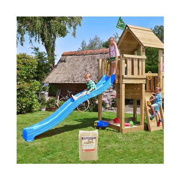 Lektorn Jungle Gym Cubby med 120 kg sand och blå rutschkana 