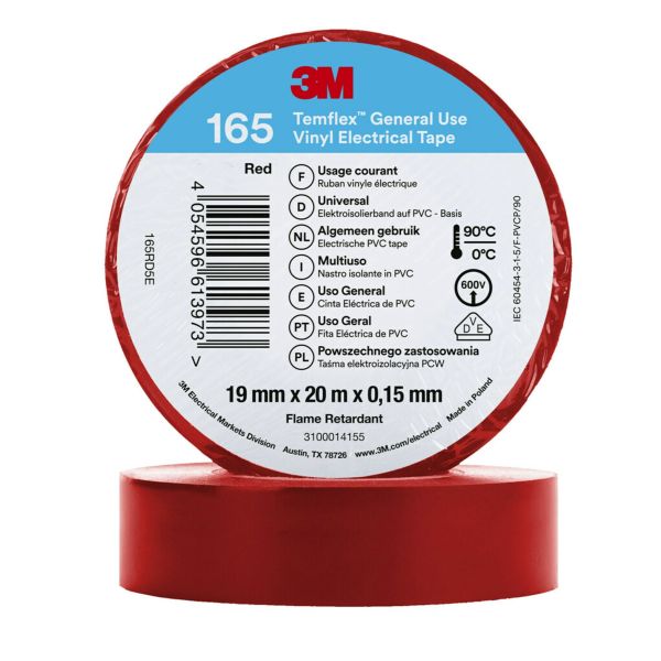 Eltejp 3M Temflex 165 20m x 19mm Röd