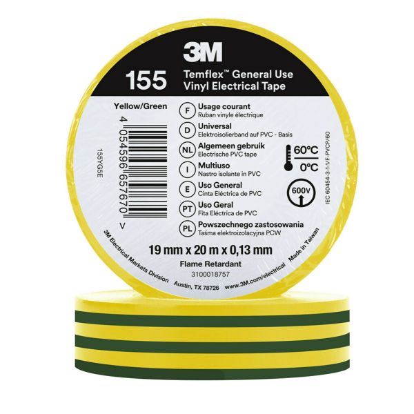 Eltejp 3M Temflex 165 10m x 15mm Gul/Grön