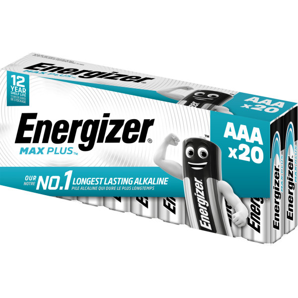 Batteri Energizer Max Plus alkalisk, AAA, 1,5 V, 20-pakning 