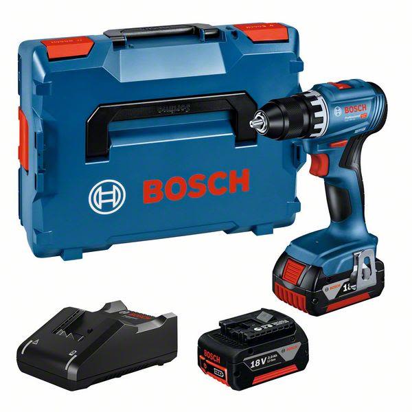 Bore-/skruemaskine Bosch GSR 18V-45 med bæretaske, 3,0 Ah batterier og oplader 