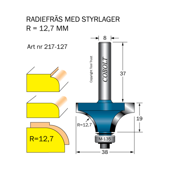 Afrundningsfræse Cobolt 217-127 R=12,7 D=38 L=19 