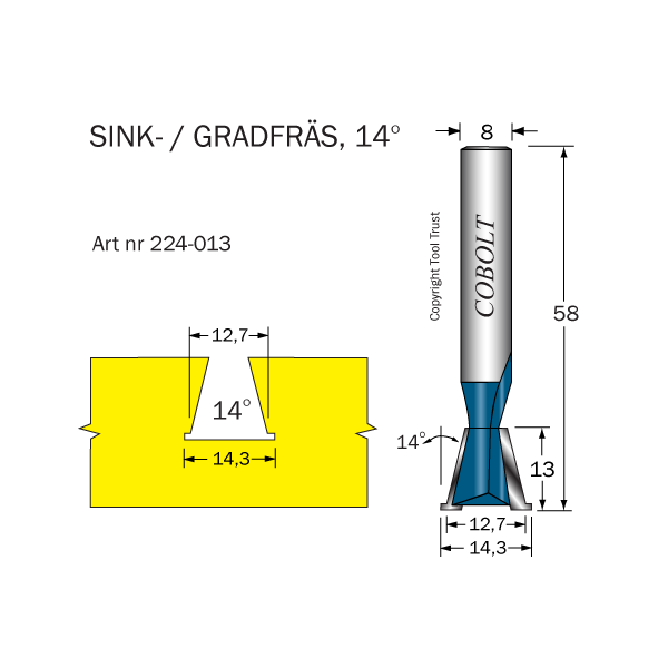 Vaskfræser Cobolt 224-013 14° D=12,7/14,3 L=13 TL=58 S=8 