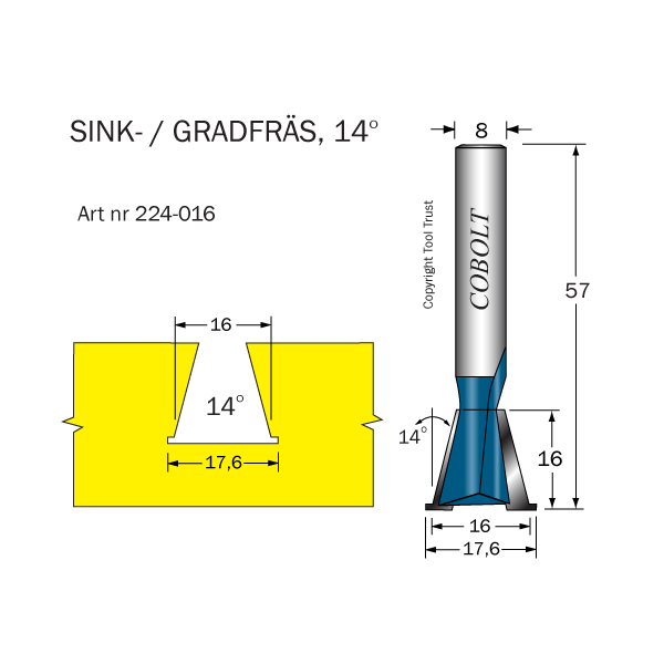 Vaskfræser Cobolt 224-016 14° D=16/17,6 L=16 TL=57 S=8 