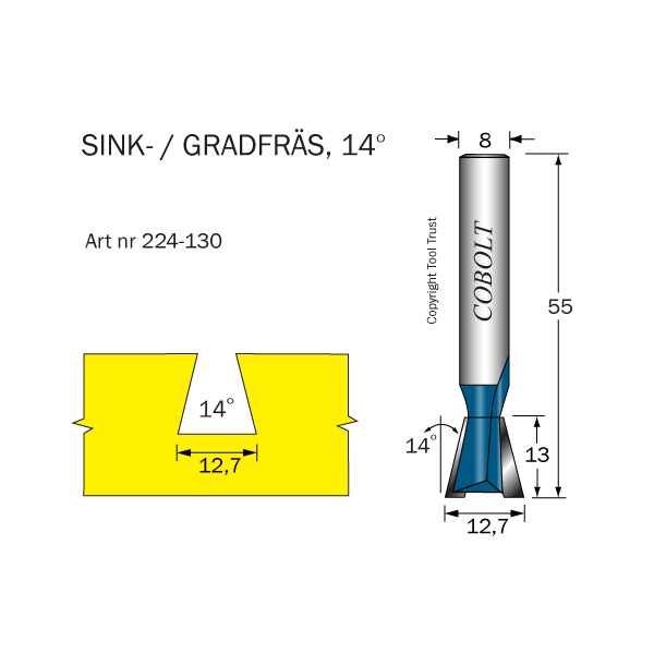 Vaskfræser Cobolt 224-130 14° D=12,7 L=13 TL=55 S=8 