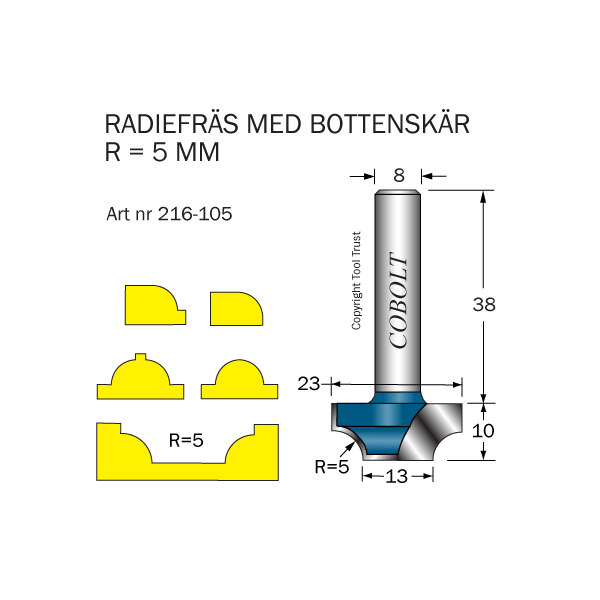 Radiusfræser Cobolt 216-105 R=5 D=23/13 L=10 