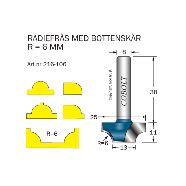 Radiusfræser Cobolt 216-106 R=6 D=25/13 L=11 
