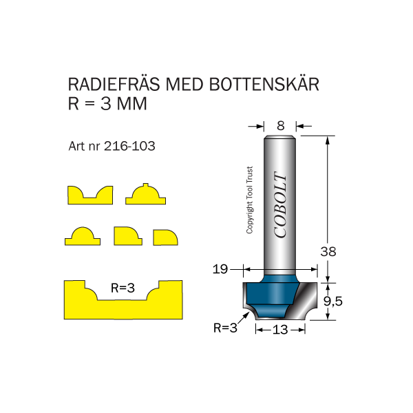 Radiusfræser Cobolt 216-103 R=3 D=19/13 L=9,5 
