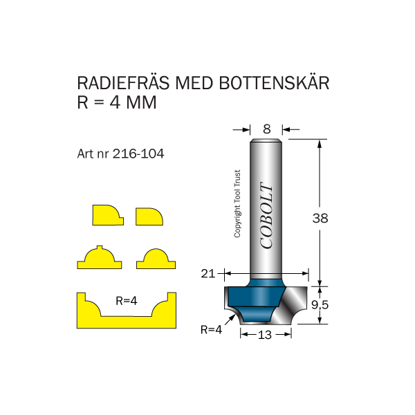 Radiusfræser Cobolt 216-104 R=4 D=21/13 L=9,5 