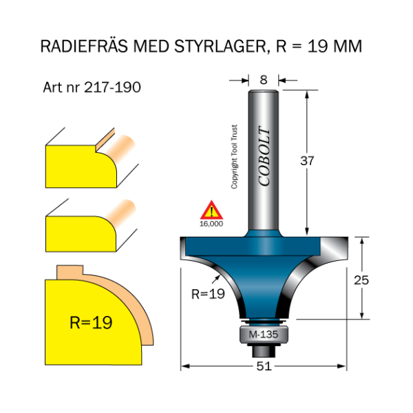Afrundningsfræse Cobolt 217-190 R=19 D=51 L=25 