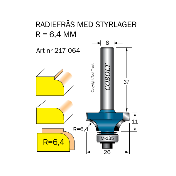 Afrundningsfræse Cobolt 217-064 R=6,4 D=26 L=11 