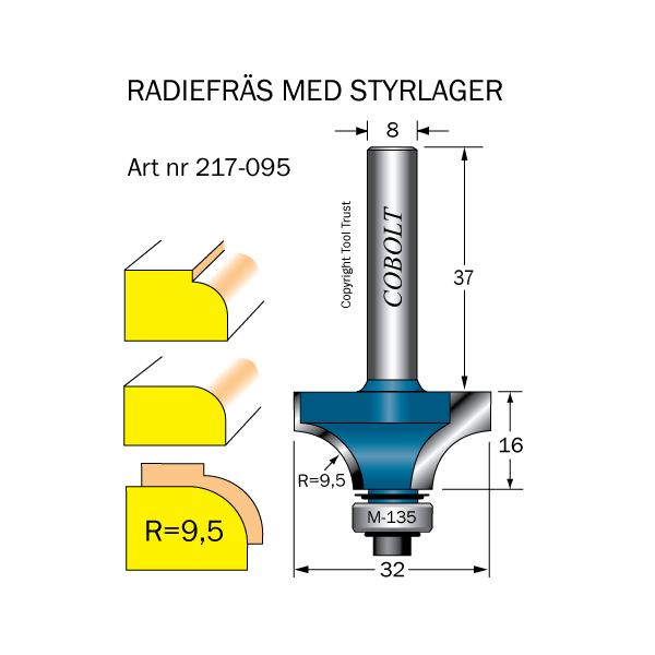 Afrundningsfræse Cobolt 217-095 R=9,5 D=32 L=16 