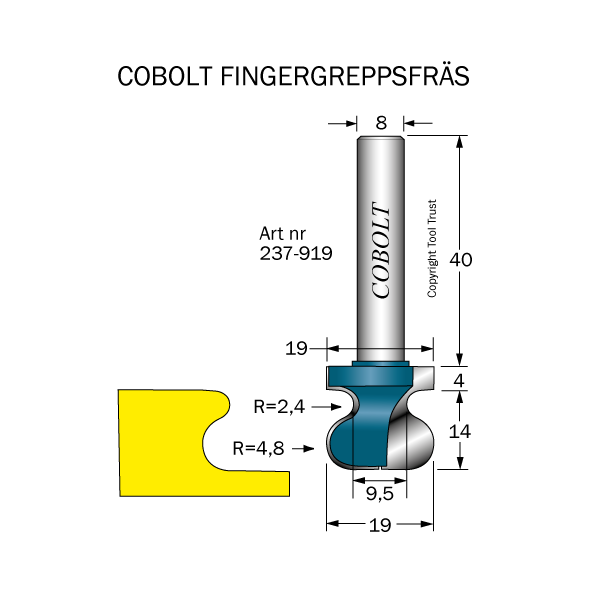 Fingergrebsfræser Cobolt 237-919 R=4,8 D=19 L=18 