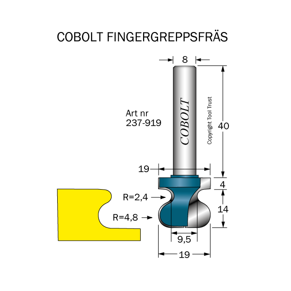 Fingergreppsfräs Cobolt 237-919 R=4,8 D=19 L=18 