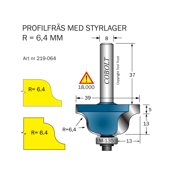 Profilfræser Cobolt 219-064 D=39 L=18 R=6,4 