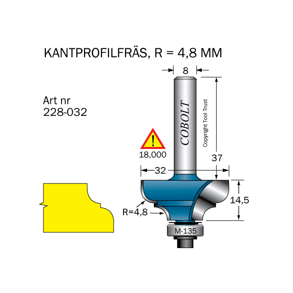 Profilfræser Cobolt 228-032 D=32 L=14,5 R=4,8 