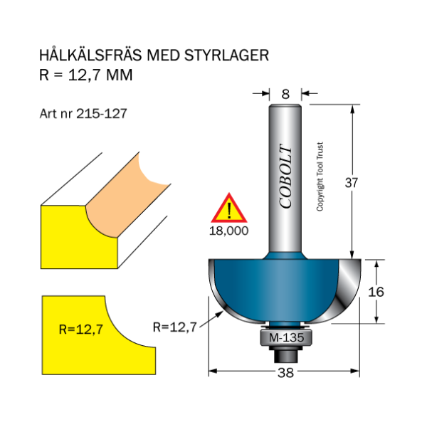 Hulskalfræser Cobolt 215-127 R=12,7 D=38 L=16 