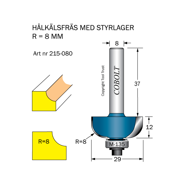 Hulskalfræser Cobolt 215-080 R=8 D=29 L=12 