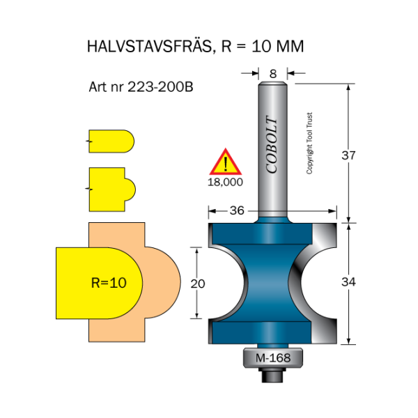 Halvstavfræser Cobolt 223-200B R=10 D=36 L=20/34 