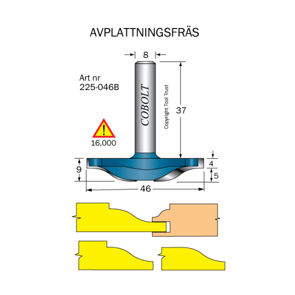 Kantfræser Cobolt 225-046B R=12,7 D=46 L=9 