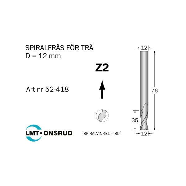 Spiralfræse Cobolt 52-418 D=12 L=35 TL=76 Z=2 S=12 