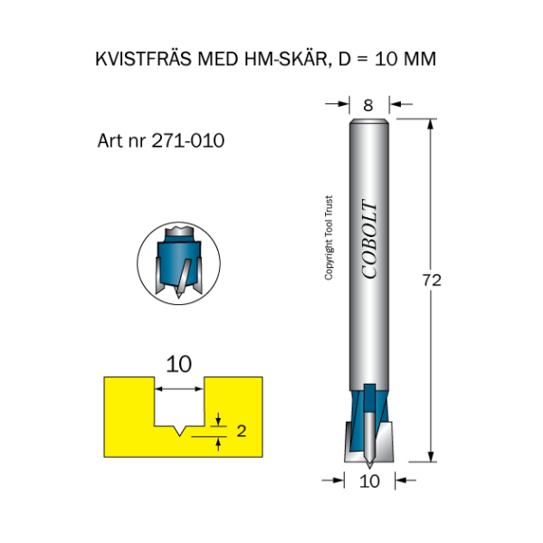 Kvistfræser Cobolt 271-010 D=10 TL=72 S=8 