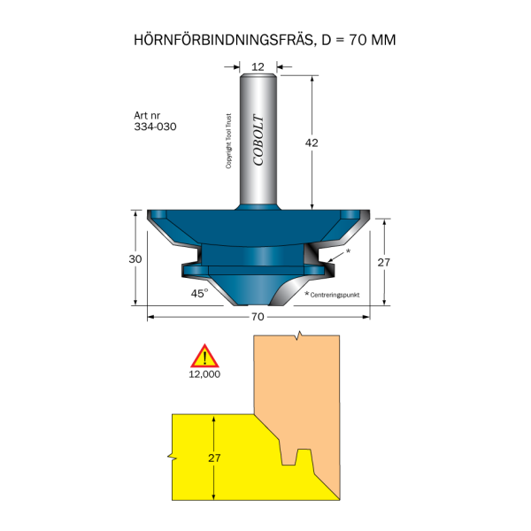 Hjørnefugefræser Cobolt 334-030 45° D=70 L=30 TL=72 S=12 